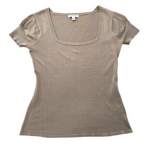 BANANA REPUBLIC Women's M Taupe Square Neck Short Puff Sleeve Knit Cotton Top